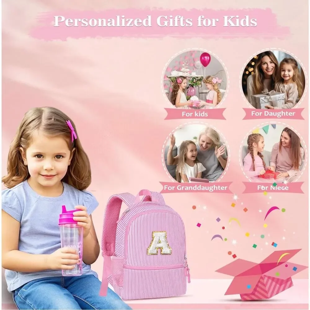 Pink Seersucker Kids Backpack with Initial Letter | Toddler Preschool Girl Bag